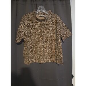 Kenneth Too Leopard Print Mock Neck, Women's Large Short Sleeve Top Animal Print